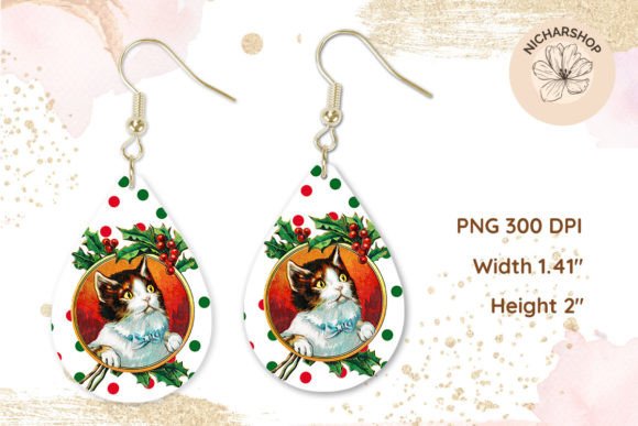 Christmas Teardrop Cat Floral Earring