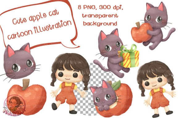 Cute Apple Cat Cartoon Illustration
