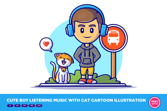 Cute Boy Listening Music with Cat
