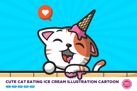 Cute Cat Eating Ice Cream Illustration