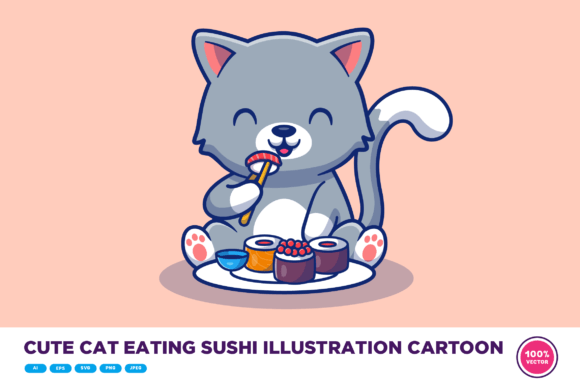 Cute Cat Eating Sushi Illustration