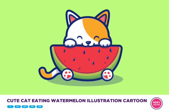 Cute Cat Eating Watermelon Illustration