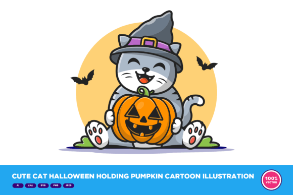 Cute Cat Halloween Holding Pumpkin