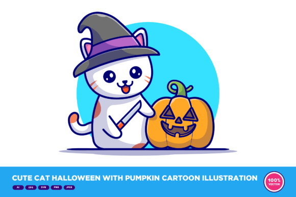 Cute Cat Halloween with Pumpkin Cartoon