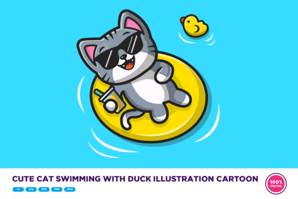 Cute Cat Swimming with Duck Illustration