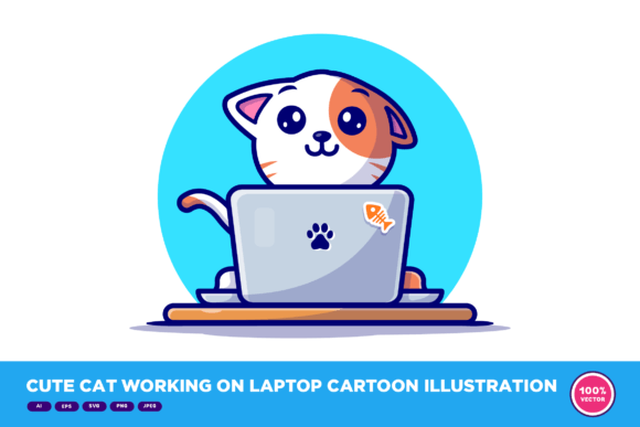 Cute Cat Working on Laptop Cartoon
