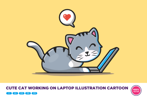 Cute Cat Working on Laptop Illustration